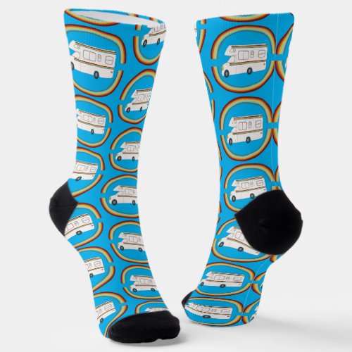 Vintage RV Camper Double Rainbow on Blue Colorful  Socks