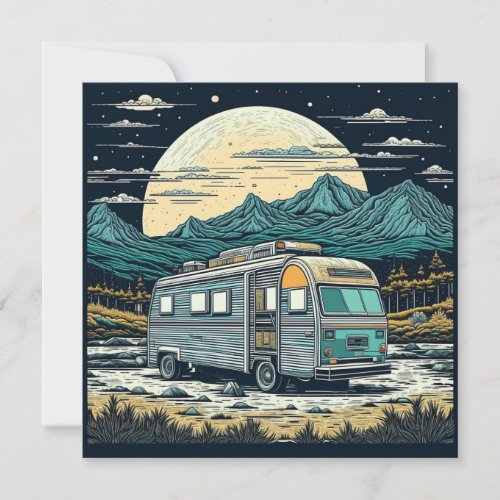 Vintage RV in the Mountains with Full Moon