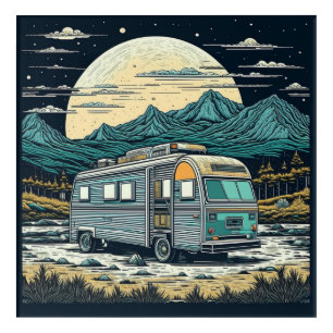 Vintage RV in the Mountains with Full Moon Acrylic Print