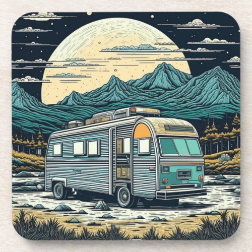 Vintage RV in the Mountains with Full Moon Beverage Coaster
