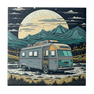 Vintage RV in the Mountains with Full Moon Ceramic Tile