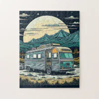 Vintage RV in the Mountains with Full Moon Jigsaw Puzzle