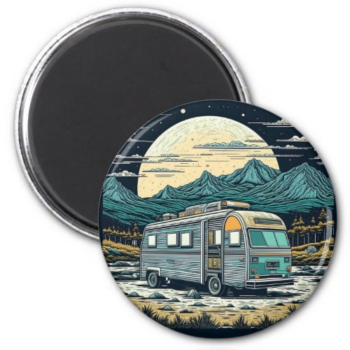 Vintage RV in the Mountains with Full Moon Magnet