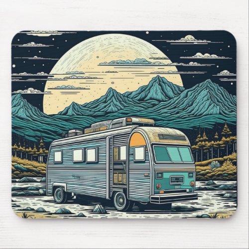 Vintage RV in the Mountains with Full Moon Mouse Pad