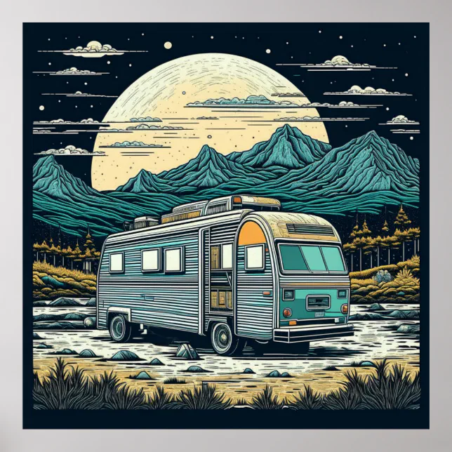 Poster Rv 6 Vintage RV in the Mountains with Full Moon Poster | Zazzle