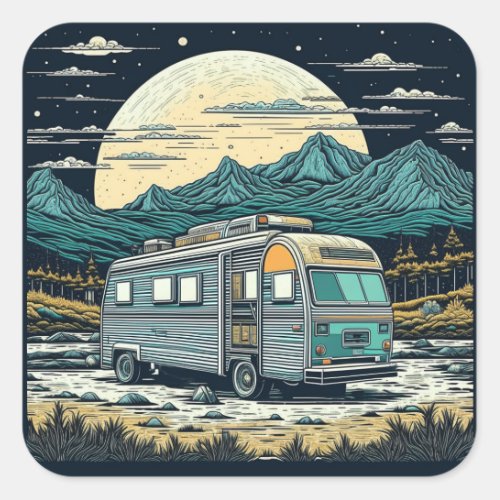 Vintage RV in the Mountains with Full Moon Square Sticker