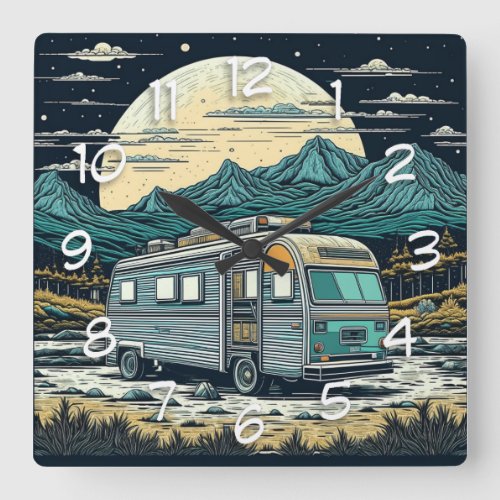 Vintage RV in the Mountains with Full Moon Square Wall Clock
