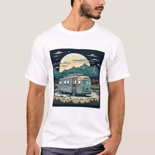 Vintage RV in the Mountains with Full Moon T_Shirt