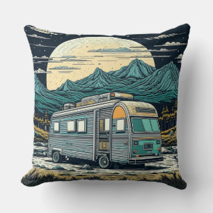 Vintage RV in the Mountains with Full Moon Throw Pillow