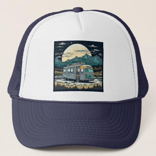 Vintage RV in the Mountains with Full Moon Trucker Hat