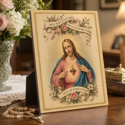 Vintage Sacred Heart of Jesus w St. Therese Prayer Plaque