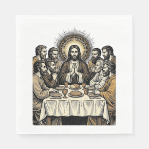 Vintage Sacred Supper Engraving Religious Art Shir Napkins