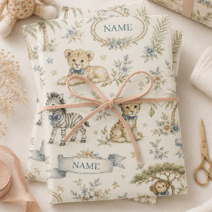 Vintage Safari Baby Animals Floral Custom Name Wrapping Paper Sheets