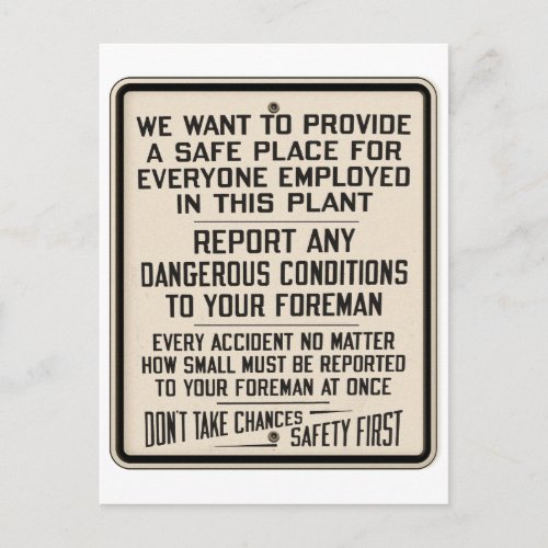 Vintage Safety First Factory Warning Sign Postcard