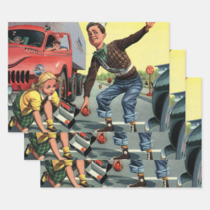 Vintage Safety Patrol Crossing Guard Helping Girl Wrapping Paper Sheets