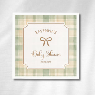 Vintage Sage Brown Plaid Gold Bow Baby Shower Napkins