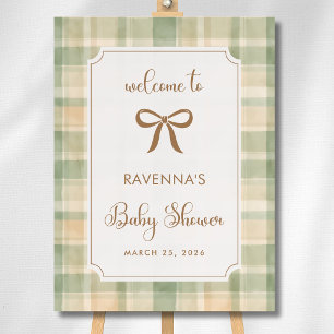 Vintage Sage Brown Plaid Gold Bow Welcome Foam Board