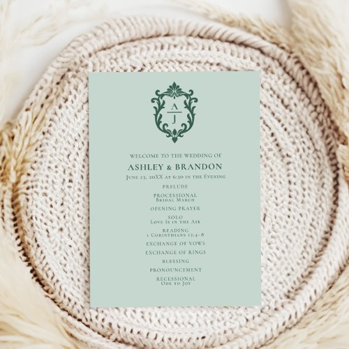 Vintage Sage Crest Monogram Wedding Program