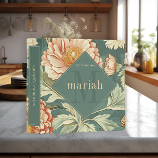 Vintage Sage Floral William Morris Monogram Photo 3 Ring Binder