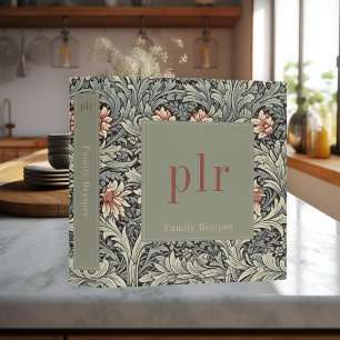 Vintage Sage Floral William Morris Monogram Recipe 3 Ring Binder