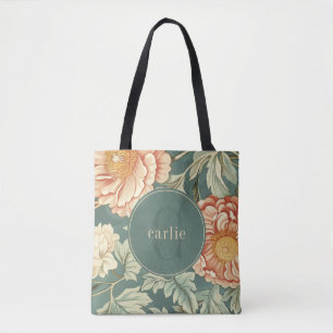 Vintage Sage Floral William Morris Monogram Tote Bag