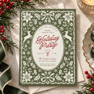 Vintage Sage Folk Art Lace Reindeer Holiday Party Invitation