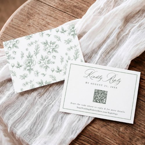 Vintage Sage French Floral Wedding QR Code RSVP Card