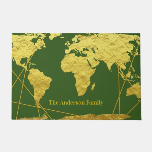 Vintage Sage Glam Gold World Map  Family Name Doormat