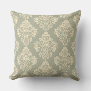 Vintage Sage Green and Cream Damask Pattern Throw Pillow