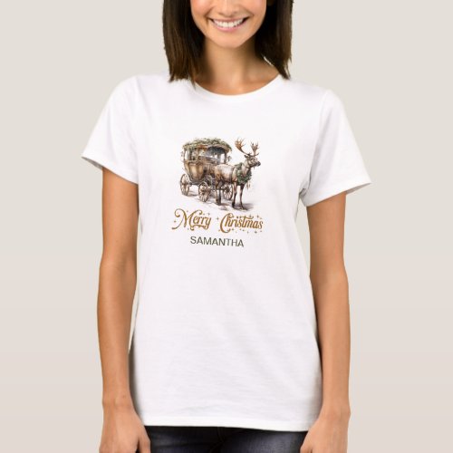 Vintage sage green and gold Reindeer and carriage T_Shirt