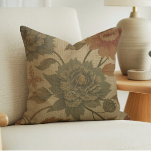 Vintage Sage Green and Orange Floral Throw Pillow