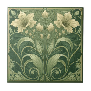 Vintage Sage Green Art Nouveau Floral Ceramic Tile