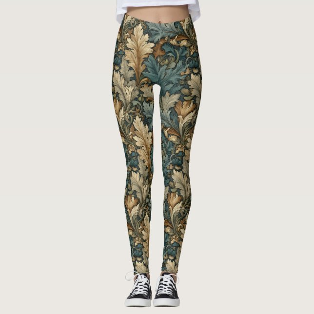 Vintage Sage Green Art Nouveau Leaf Botanical Leggings (Front)