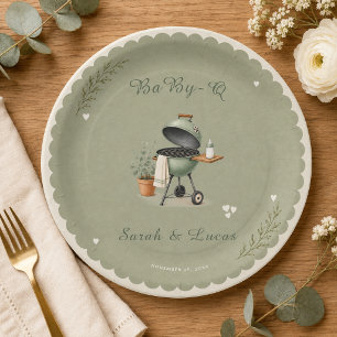 Vintage Sage Green Baby-Q BBQ Neutral Baby Shower Paper Plates
