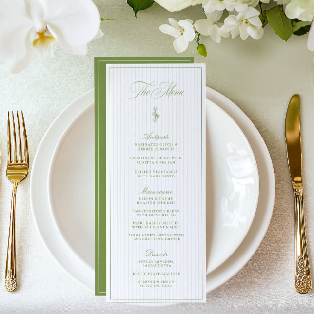 Vintage Sage Green & Beige Striped Wedding Menu Invitation (Vintage Sage Green & Beige Striped Wedding Menu Invitation)