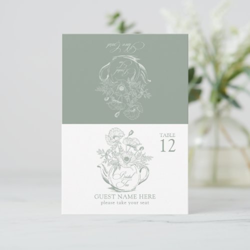 Vintage Sage Green Botanical Bridal Tea Place Card