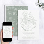 Vintage Sage Green Botanical Bridal Tea Shower Invitation<br><div class="desc">Look no further for a modern, vintage-inspired bridal tea invitation for your upcoming event. Our Vintage Sage Green Botanical Bridal Tea Invitation is the perfect accompaniment to invite your guests in style. Featuring a beautiful line art style Icelandic poppies design in a teapot motif in sage green and white –...</div>