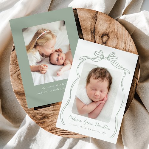 Vintage Sage Green Bow 2 Photo Birth Announcement