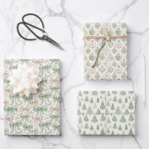 Vintage Sage Green Christmas Pattern Wrapping Paper Sheets