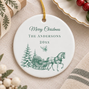 Vintage Sage Green Christmas Toile Horse Sleigh Ceramic Ornament