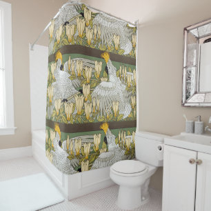 Vintage Sage Green Cockatoo Parrot Magnolia Art Shower Curtain