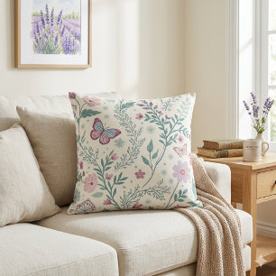 Vintage Sage Green Cottagecore Butterfly Floral Throw Pillow