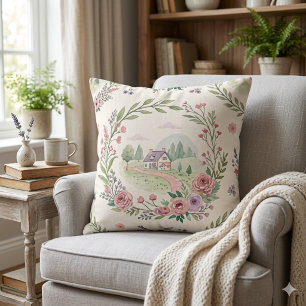 Vintage Sage Green Cottagecore Cottage Wreath Art Throw Pillow
