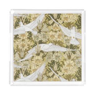 Vintage Sage Green Dove & Lily Floral Pattern Acrylic Tray