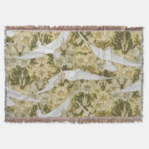Vintage Sage Green Dove & Lily Floral Pattern Throw Blanket