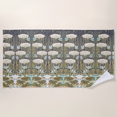 Vintage Sage Green Dragonfly &amp; Lily Art Beach Towel