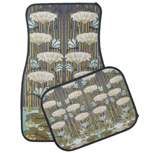 Vintage Sage Green Dragonfly & Lily Art Car Floor Mat