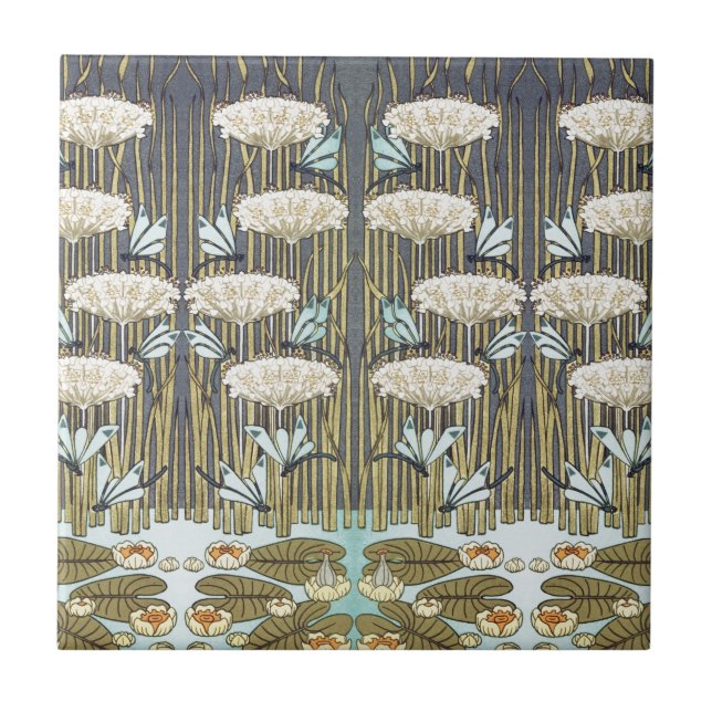 Vintage Sage Green Dragonfly & Lily Art Ceramic Tile (Front)