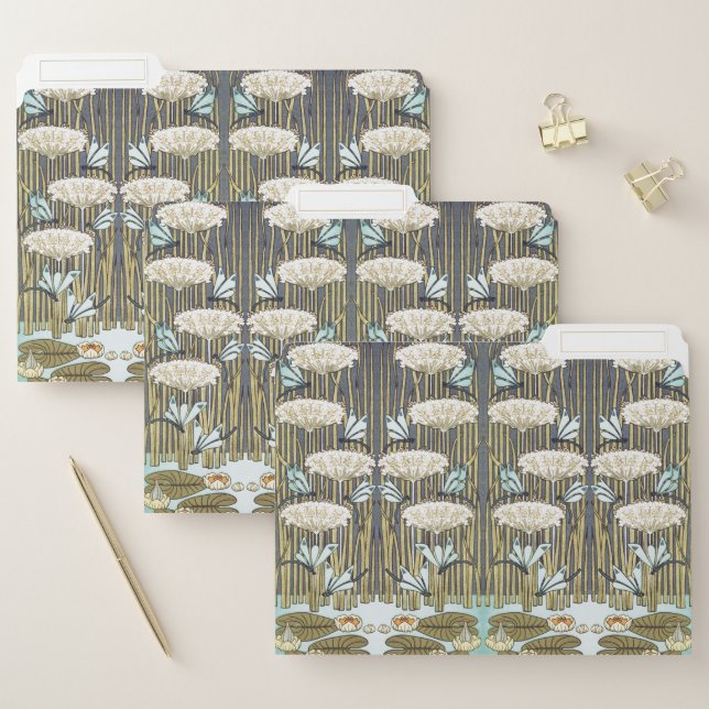 Vintage Sage Green Dragonfly & Lily Art File Folder (Set)