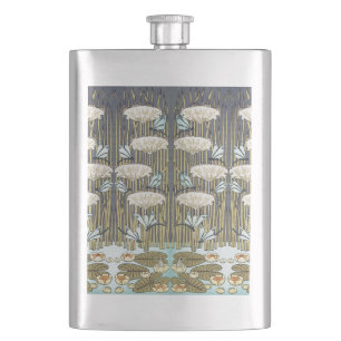 Vintage Sage Green Dragonfly & Lily Art Flask